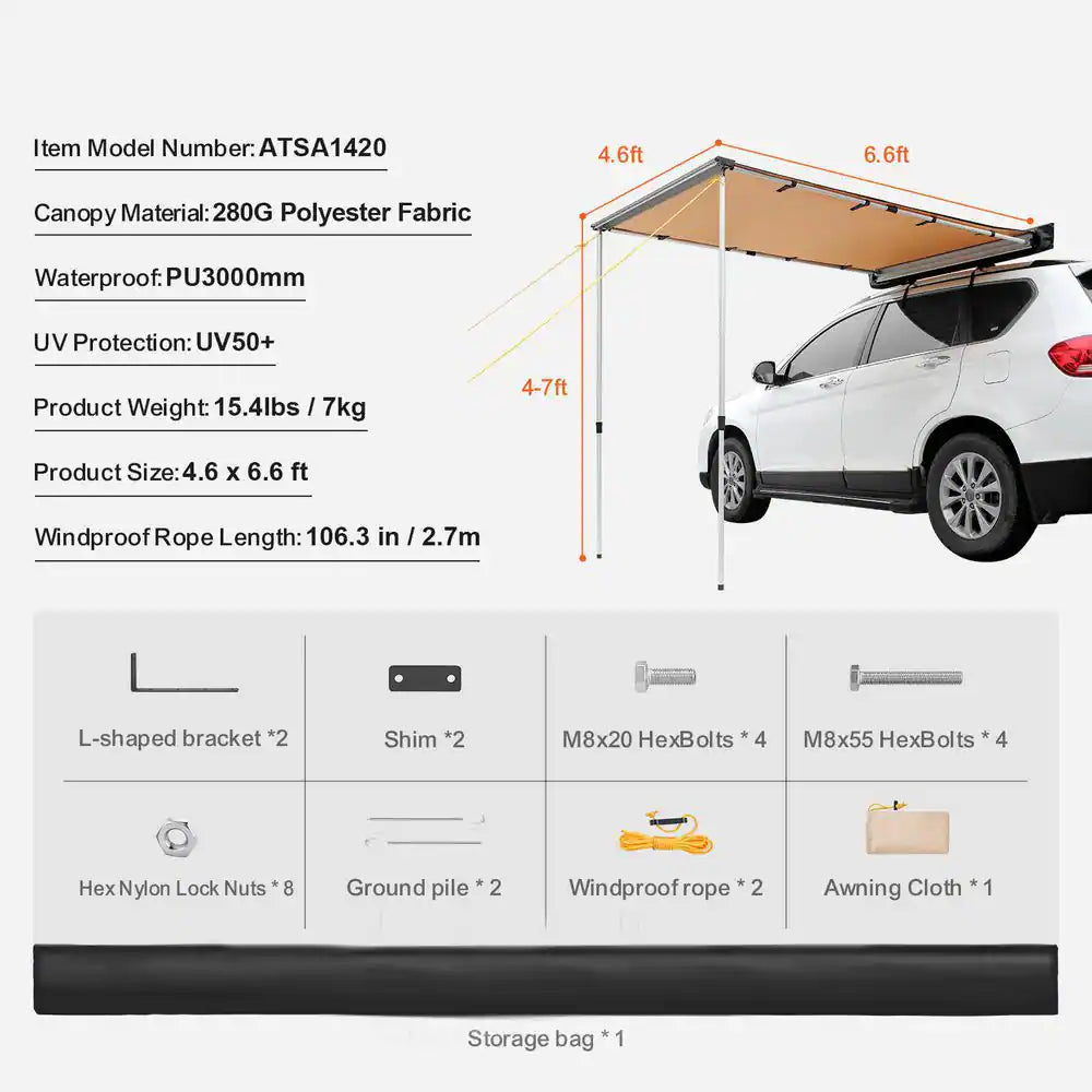 Car Side Awning, Large 4.6 Ft. X 6.6 Ft. Shade Coverage Vehicle Awning, Pu3000Mm UV 50+ Retractable Car Awning