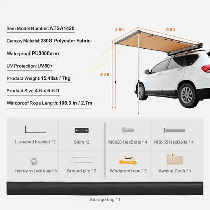 Car Side Awning, Large 4.6 Ft. X 6.6 Ft. Shade Coverage Vehicle Awning, Pu3000Mm UV 50+ Retractable Car Awning
